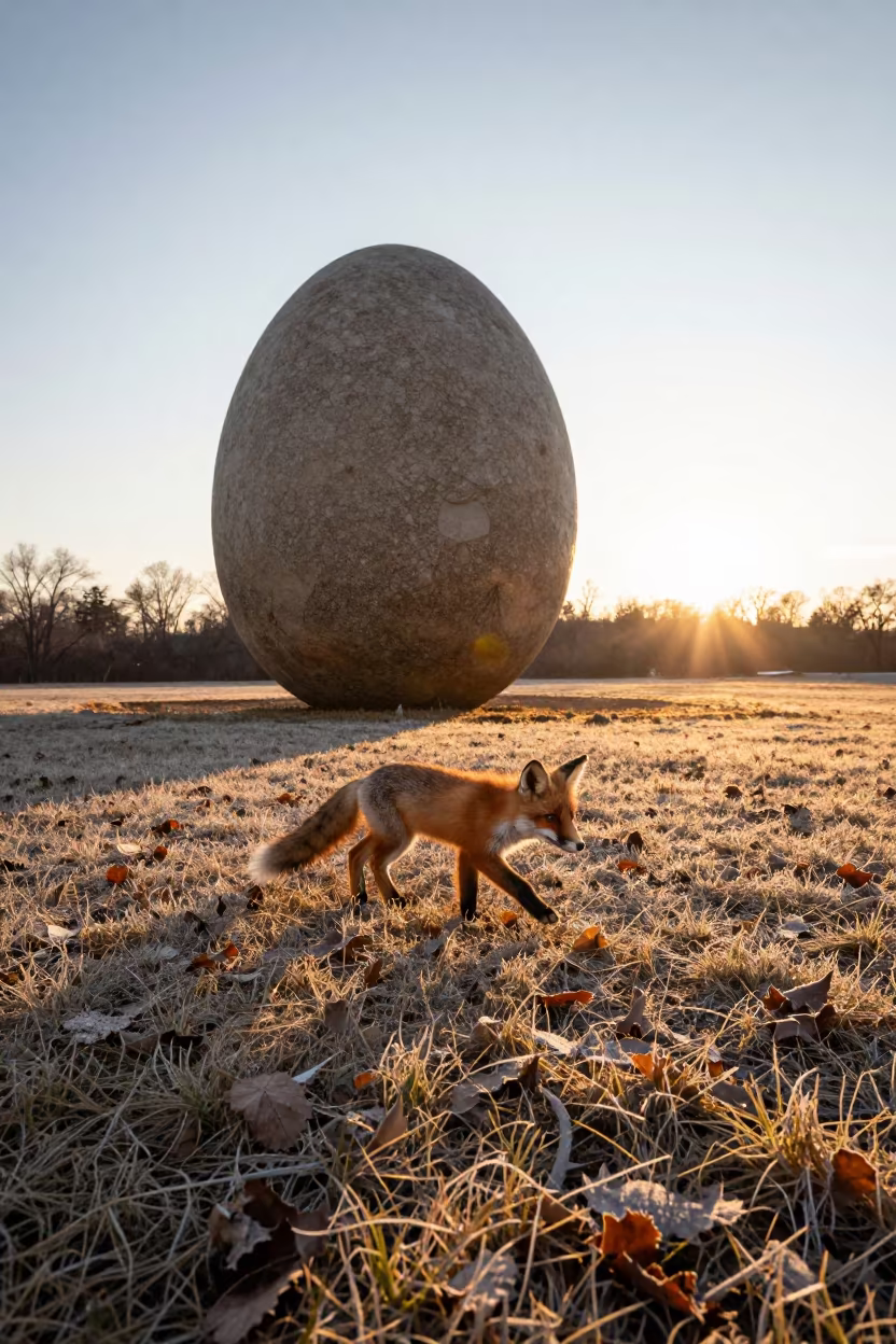 Fox Kit Plays Near Giant Stone Egg Missouri in in Missouri