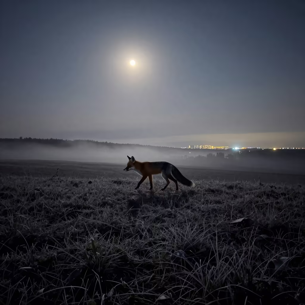 Fox Silhouette Moonlit Meadow Frost Grass Orsk Ridge in on a wind-scoured ridge near Orsk