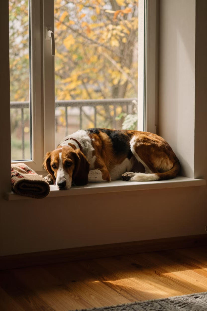 Foxhound on Window Seat in Adiyaman Home in on a window seat in a quiet apartment with soft side light in Adıyaman