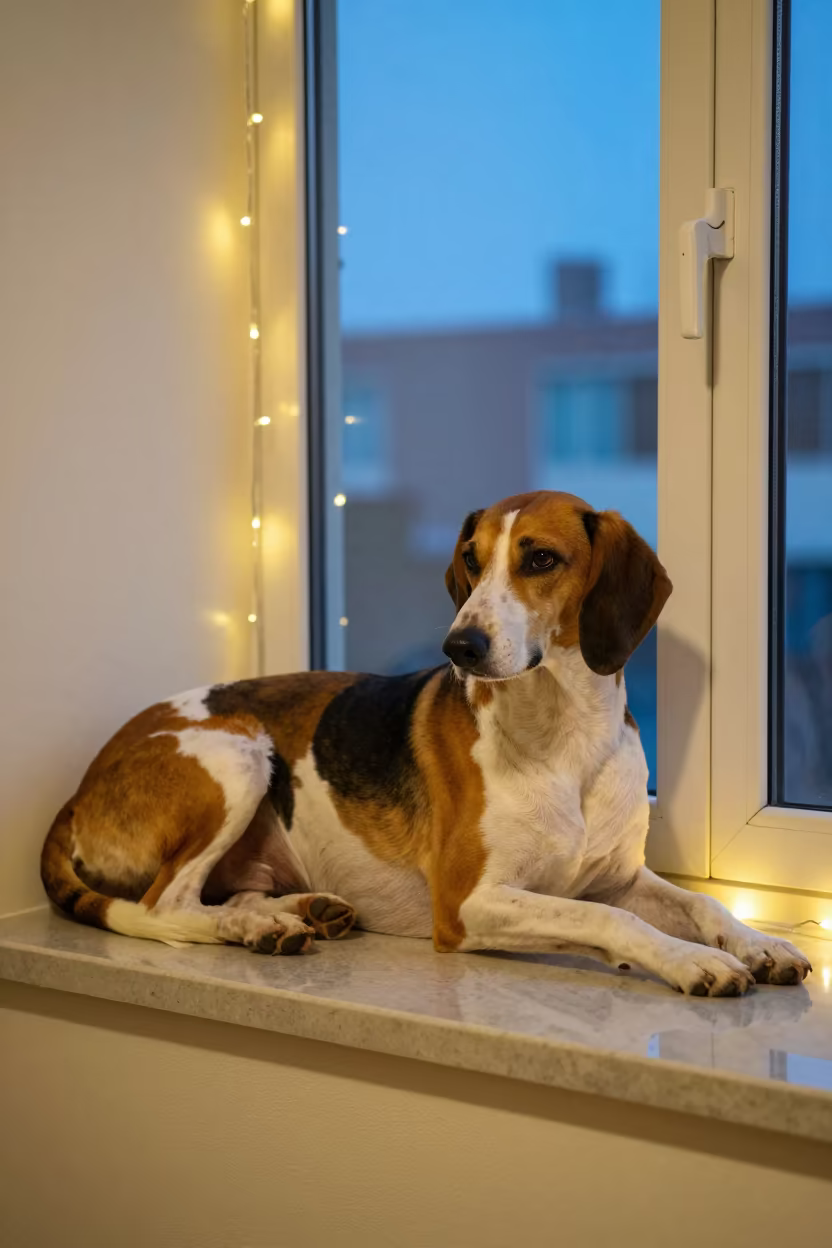 Foxhound on Window Seat in Daegu Evening Glow in on a window seat in a quiet apartment with soft side light near Daegu