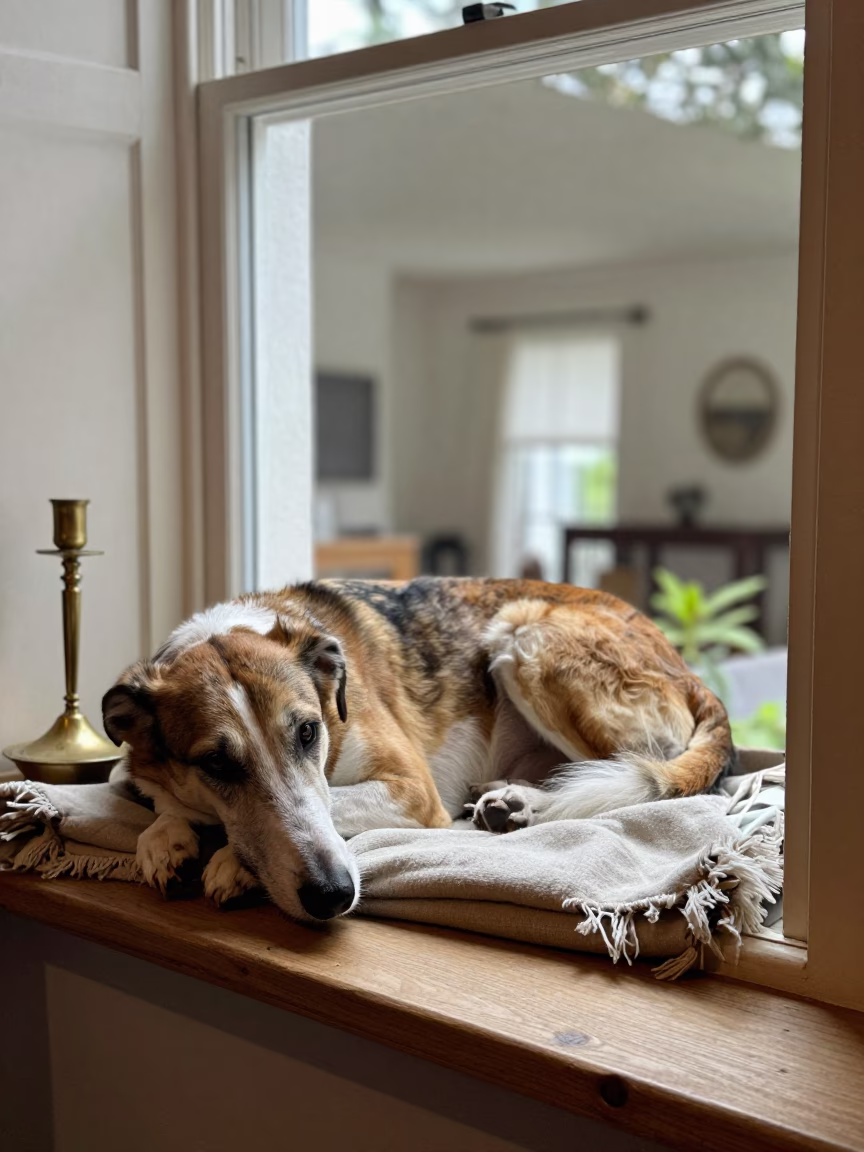 Foxhound on Window Seat in San Lorenzo in on a window seat in a quiet apartment with soft side light in San Lorenzo