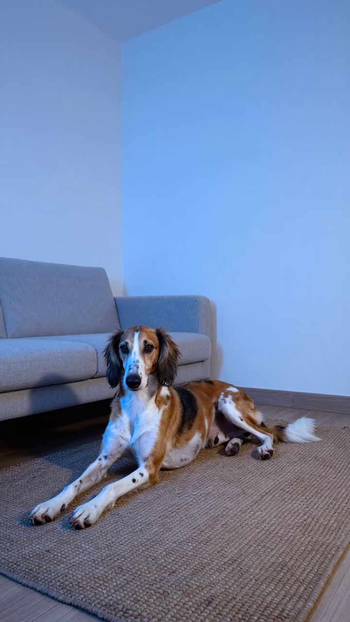 Foxhound Resting on Rug Beside Couch in Tripoli in on a woven rug beside a low couch and an uncluttered wall in Tripoli