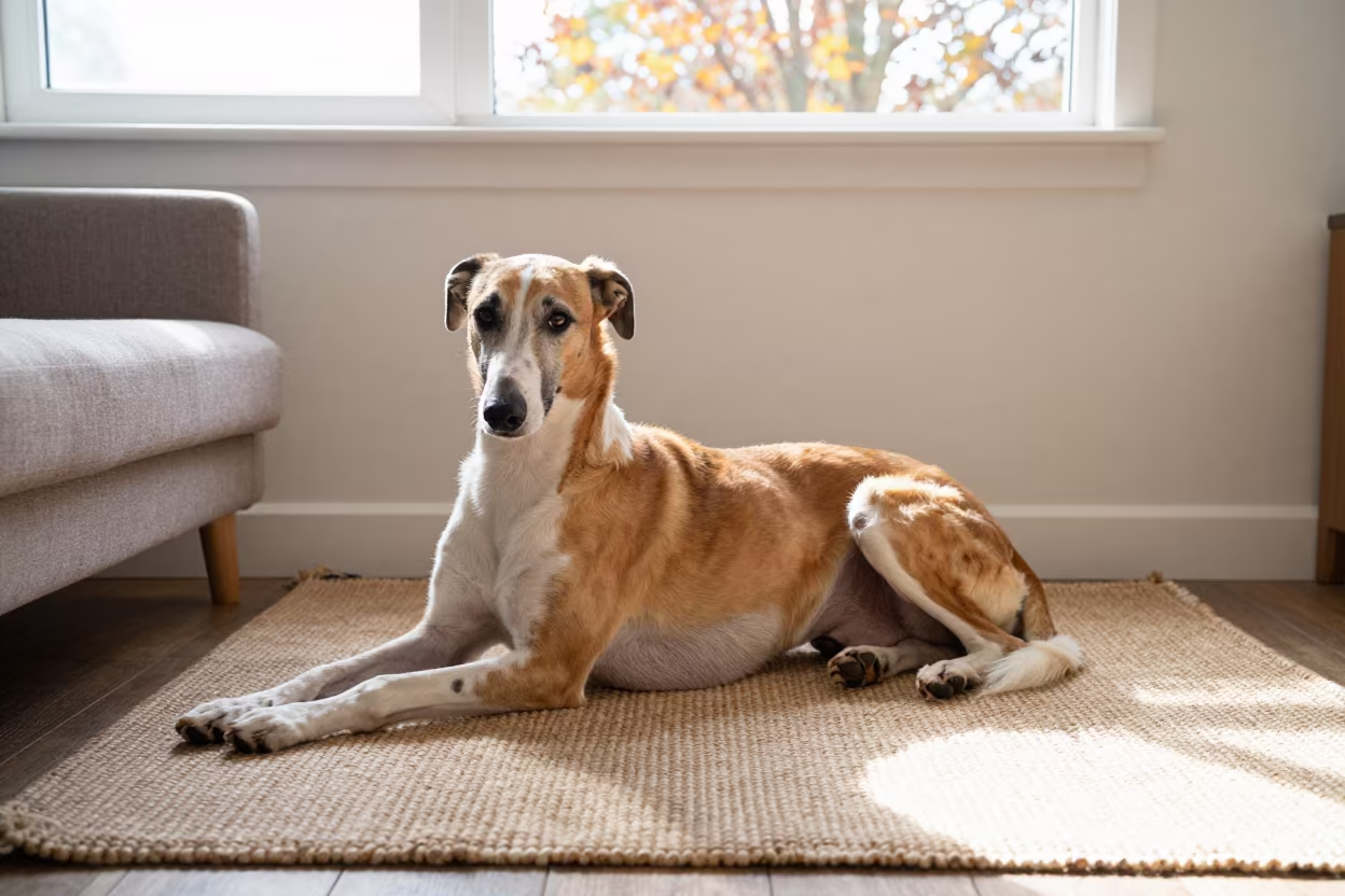 Foxhound Resting on Woven Rug in Islamabad Home in on a woven rug beside a low couch and an uncluttered wall in Islamabad