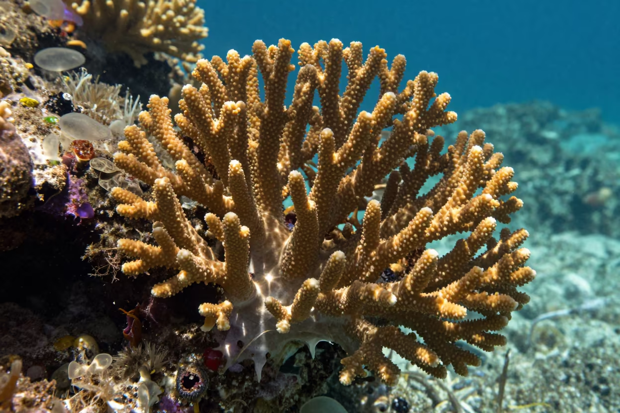 Fractal Coral Fans in Sunlit Reef Crevice in beside a reef crevice under clear water near Stone Town