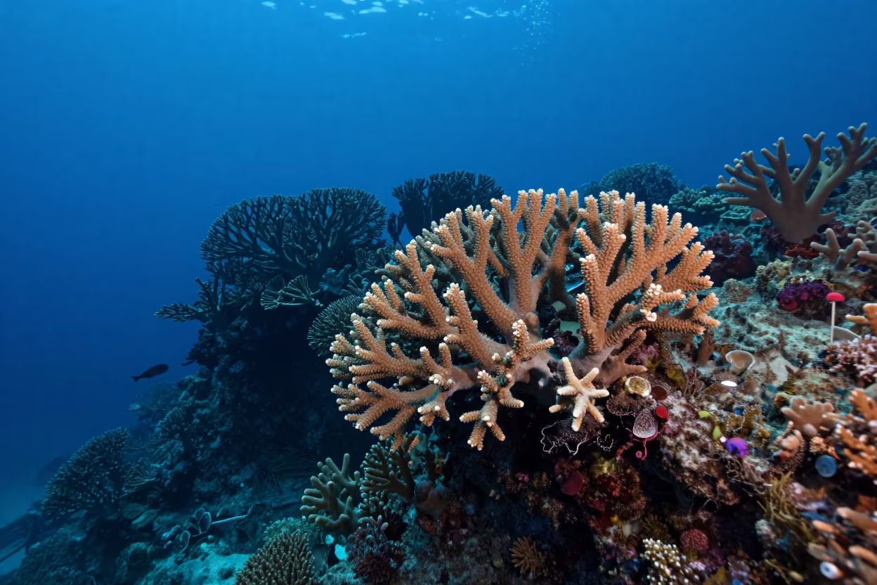 Fractal Coral Fans Twilight Reef Wall Cairns in along a coral wall with blue water beyond near Cairns