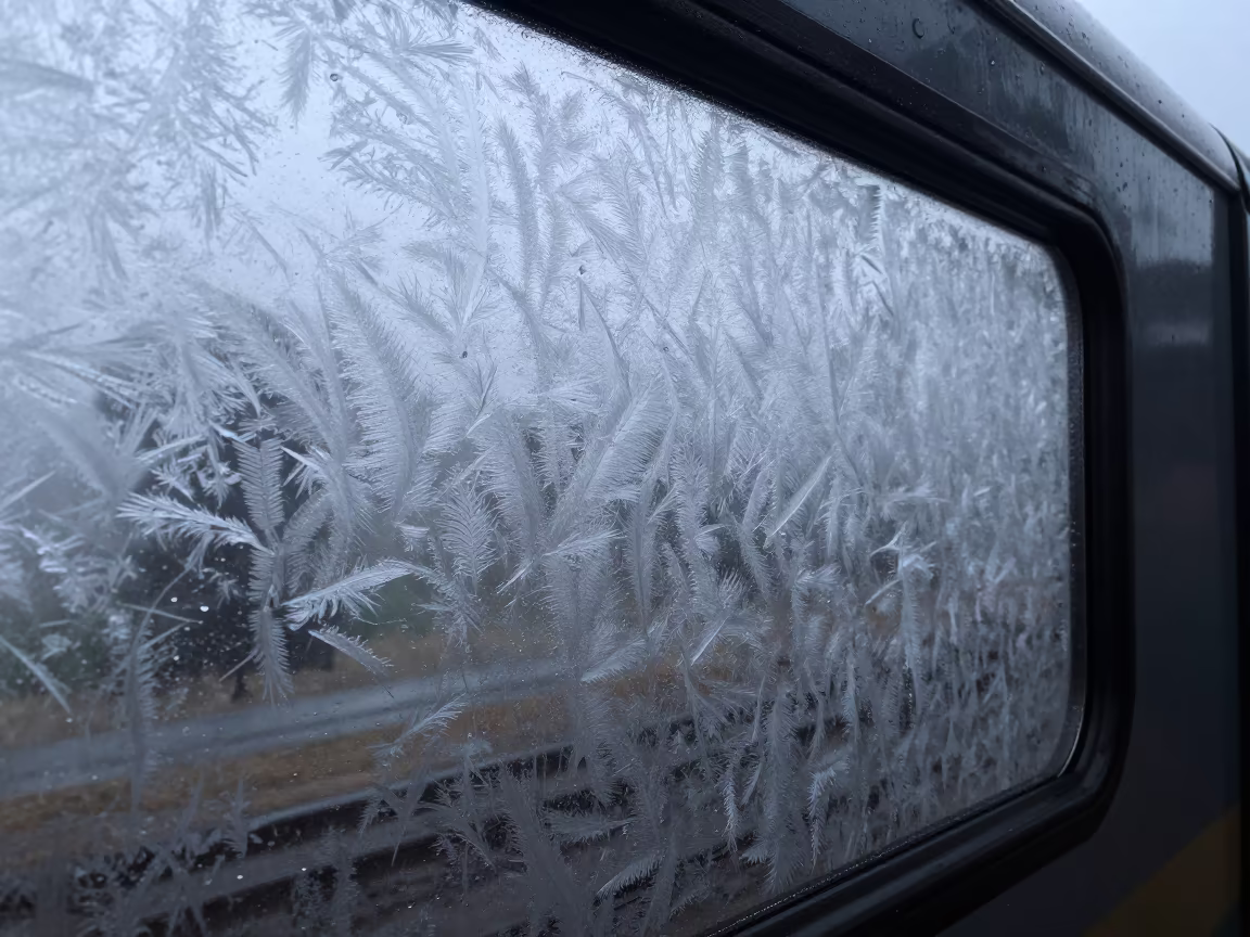 Fractal Frost Pattern on Train Window at Dawn in along a switchback approach near Chorillos, Lima