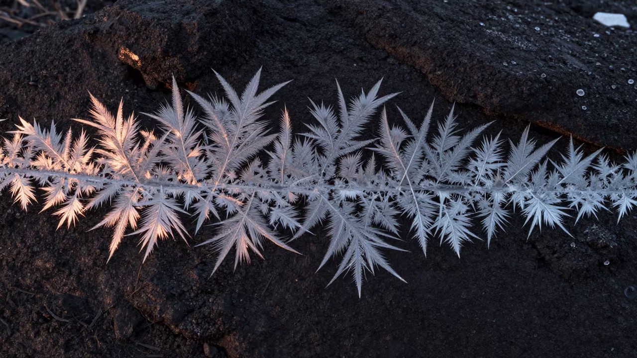 Fractal Frost Patterns on Black Volcanic Glass in in Canada
