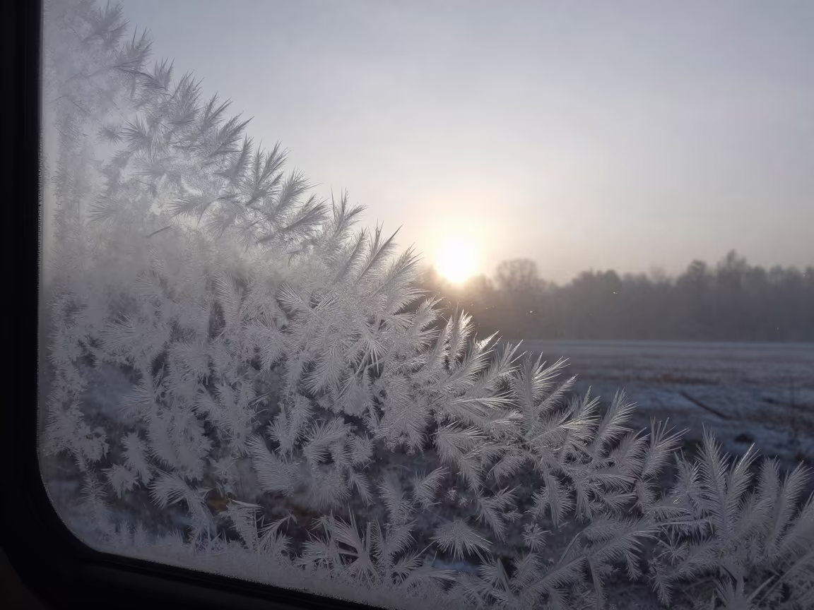 Fractal Frost Patterns on Train Window Dawn in near Rybnik
