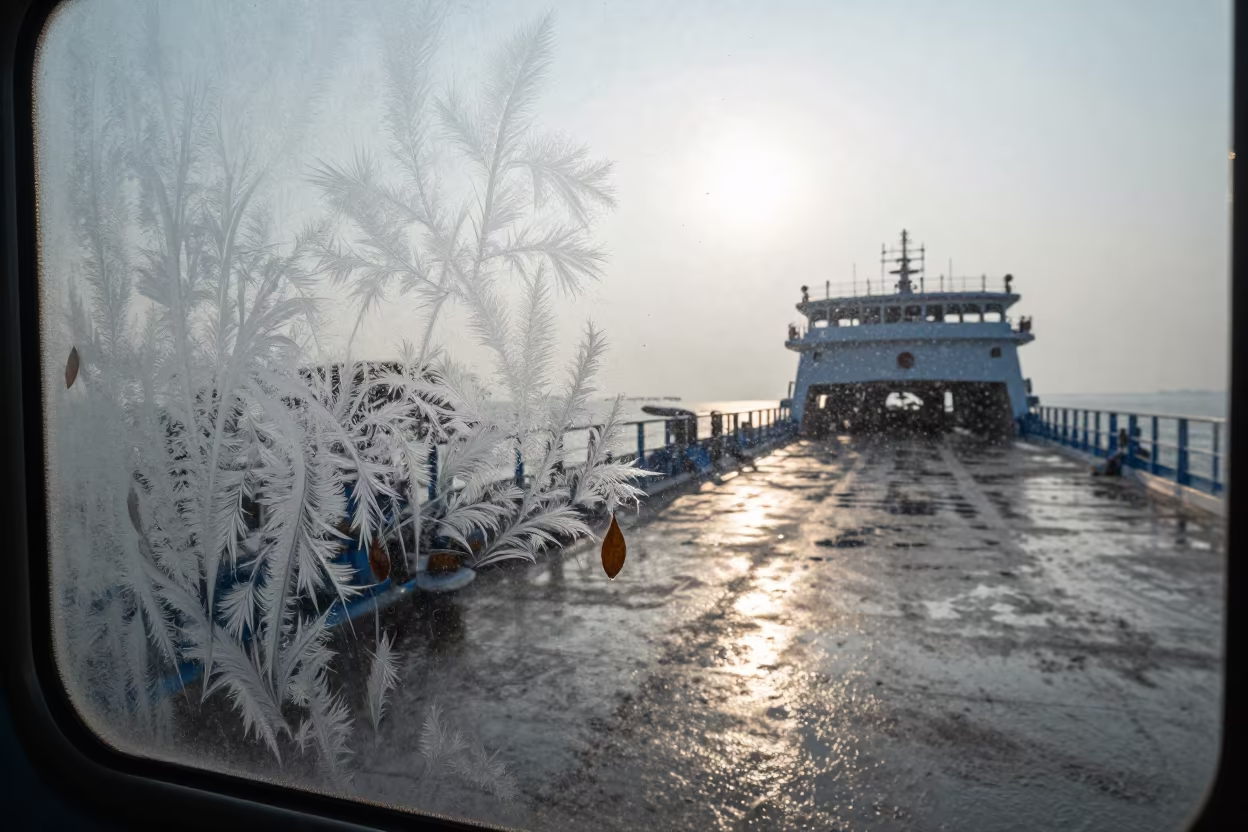 Fractal Frost Train Window Dawn Ferry Thanjavur in across a remote ferry crossing near Thanjavur