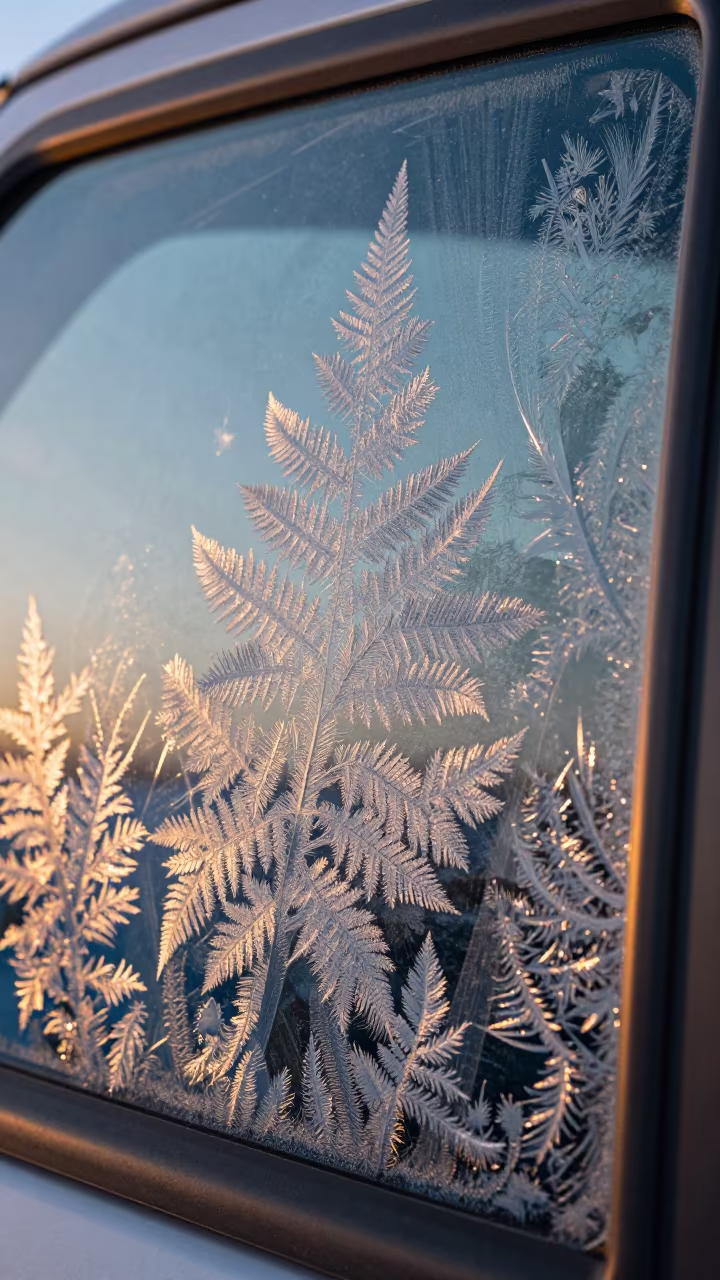 Fractal Ice Patterns on Car Window at Dawn in in Canada