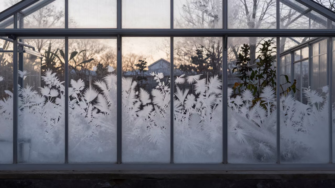 Fractal Ice Patterns on Greenhouse Glass Sapporo in inside a humid greenhouse aisle near Sapporo