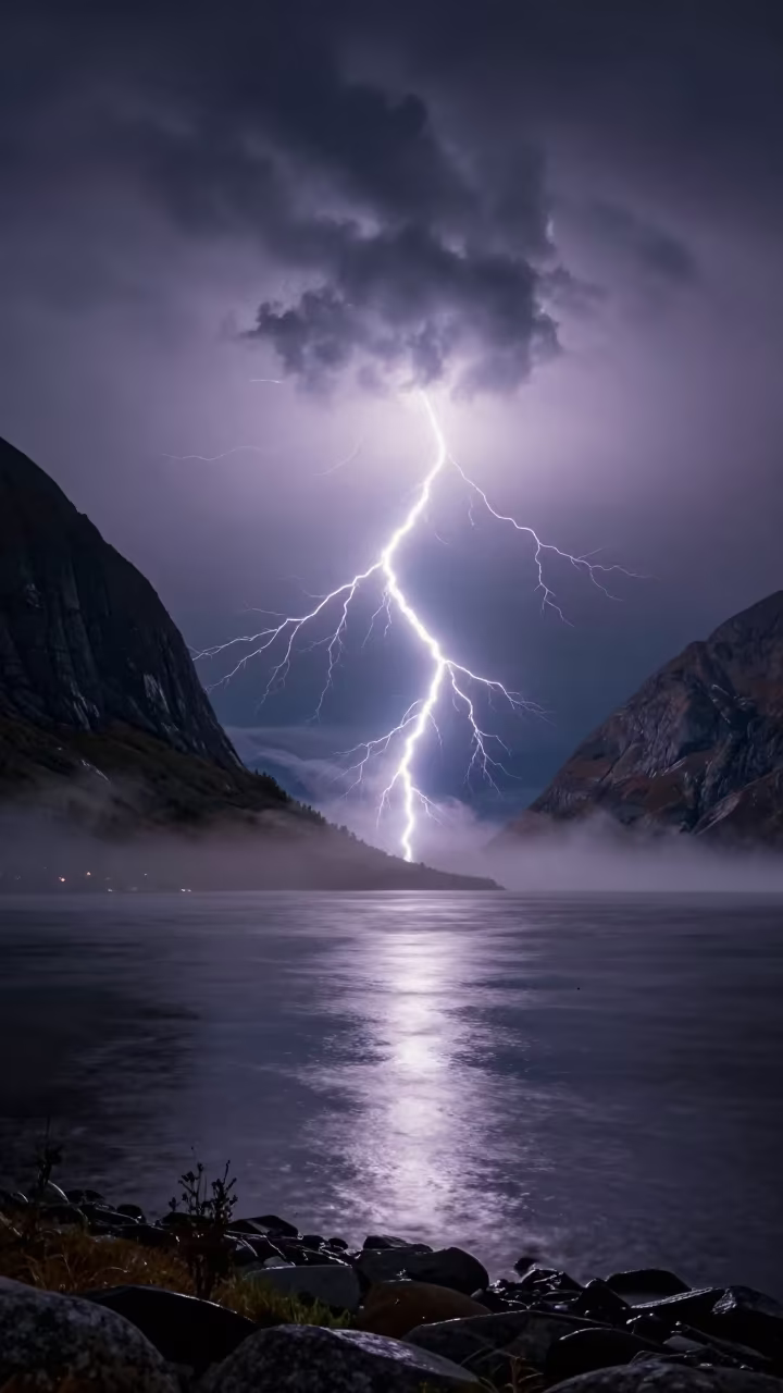 Fractal Lightning Over Norwegian Fjord Plain in across a storm-bright plain in the Fjords of Norway