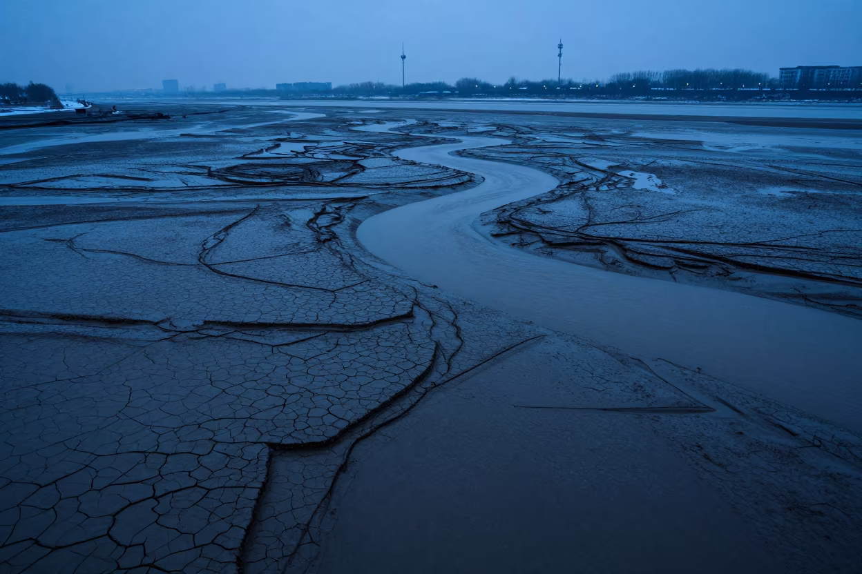 Fractal Mud Delta Silhouetted in Twilight Snow in near Hongkou, Shanghai