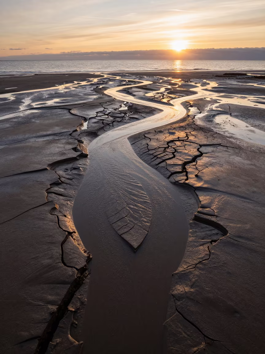 Fractal River Delta Traced in Drying Mud at Swedish Shore in along a wave-cut shoreline in Sweden