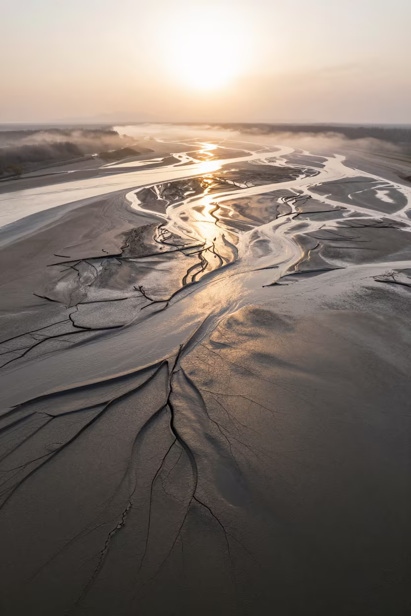 Fractal River Delta in Misty Chubu Shoreline Mud in along a wave-cut shoreline in Chubu