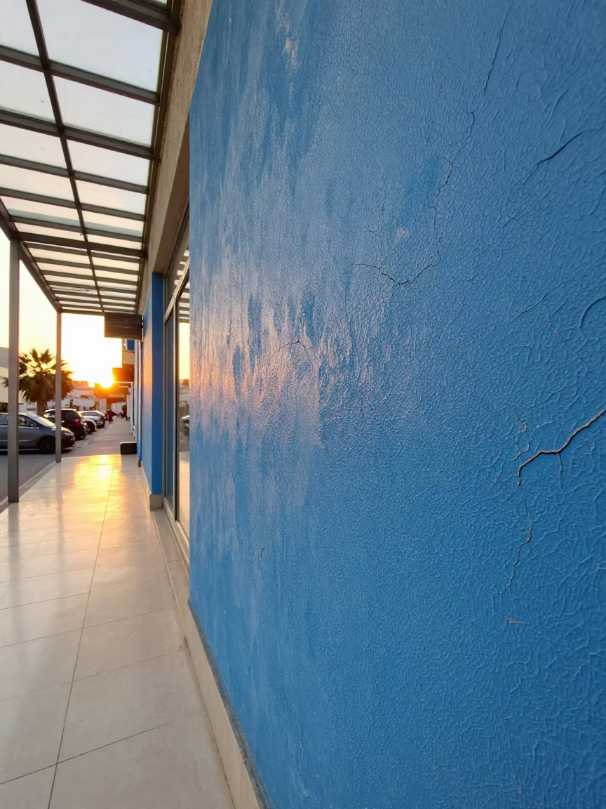 Fractured Blue Paint Crackle in Tobruk Arcade in inside a glass-roofed arcade in Tobruk