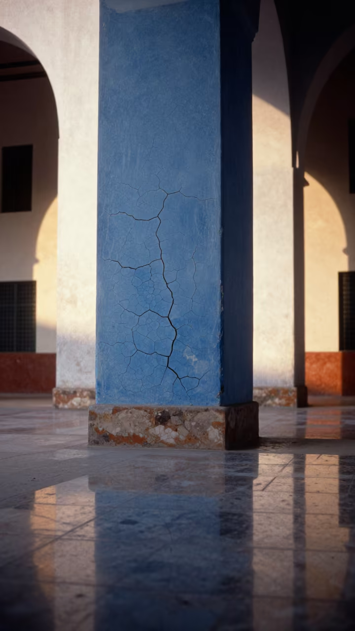 Fractured Blue Paint in Dawn Light Atrium in inside a vaulted atrium near Skikda