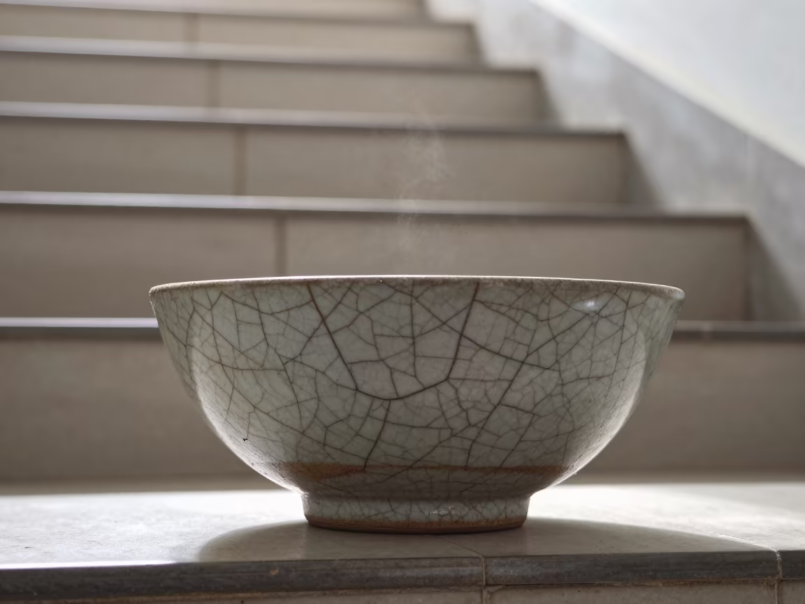 Fractured Glaze Pattern on Antique Ceramic Bowl in inside a tiled stair hall in Manisa