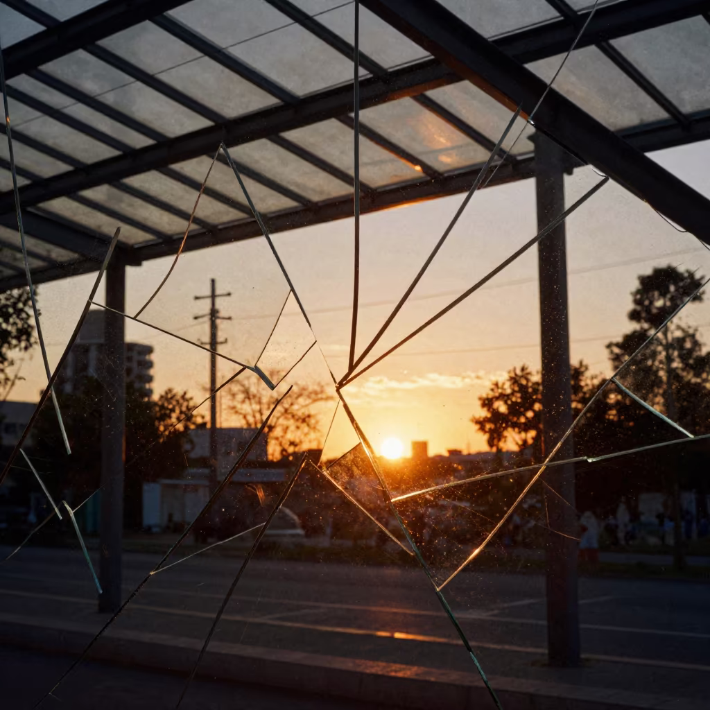 Fractured Sunset Reflection in Glass Arcade in inside a glass-roofed arcade in Rehovot