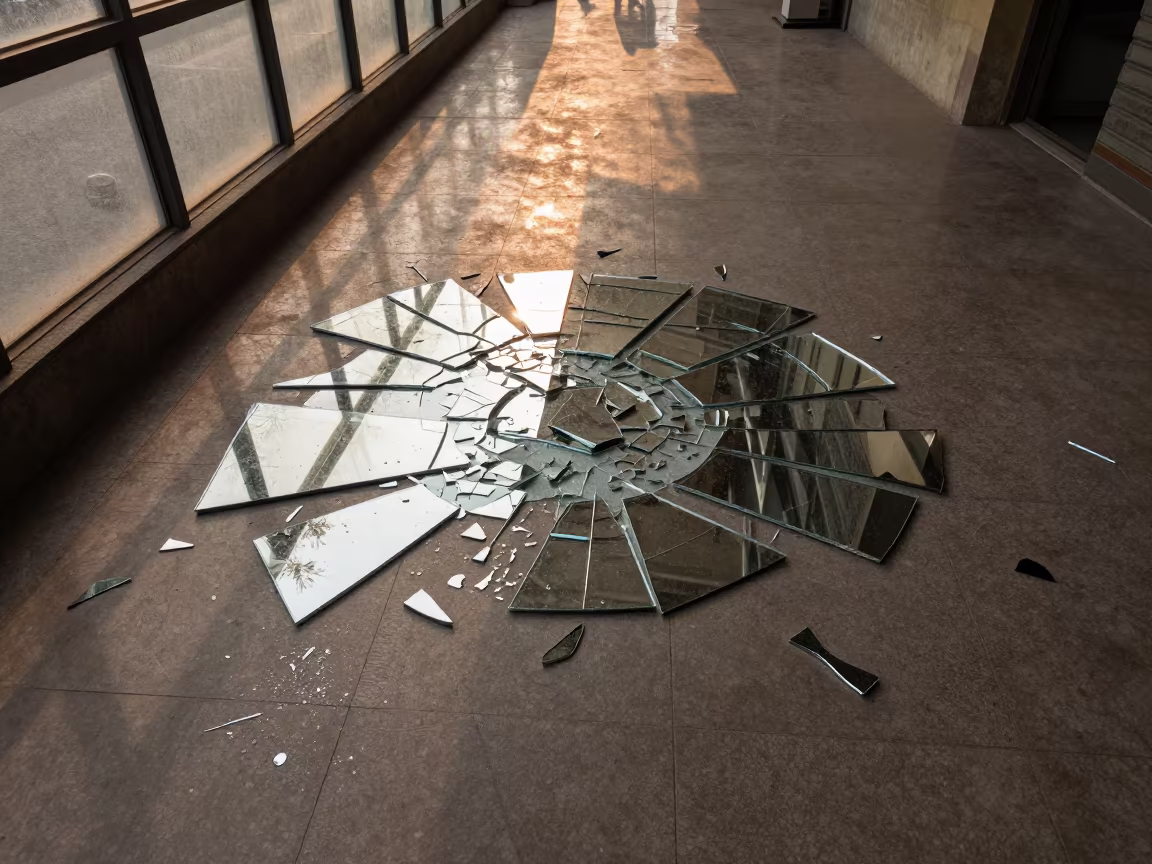 Fractured Sunset Reflections on Arcade Floor in inside a glass-roofed arcade in Chittagong