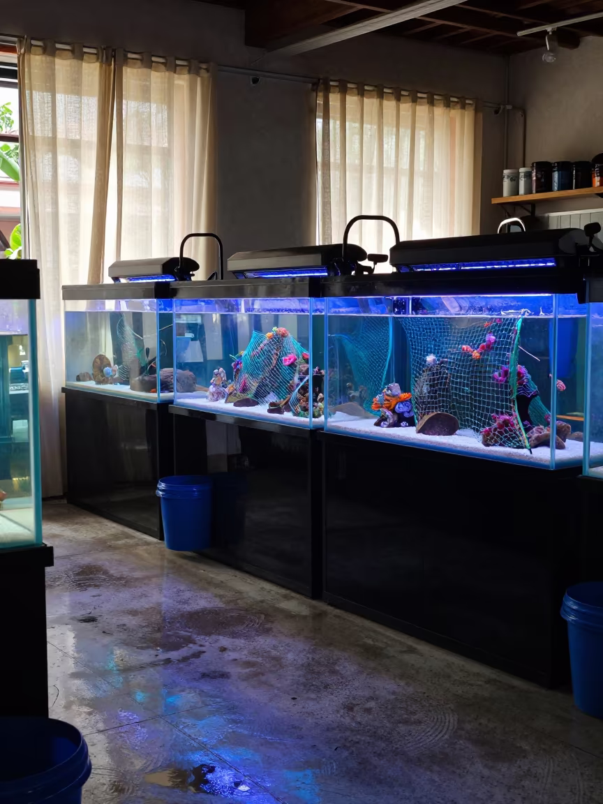 Frag Tank Glow in Havana Aquarium Shop in inside an aquarium shop frag room near Vedado, Havana