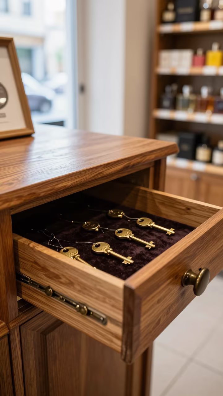 Fragrance Cabinet Key Drawer After Store Reset in at a checkout lane under flat store light near Irbid