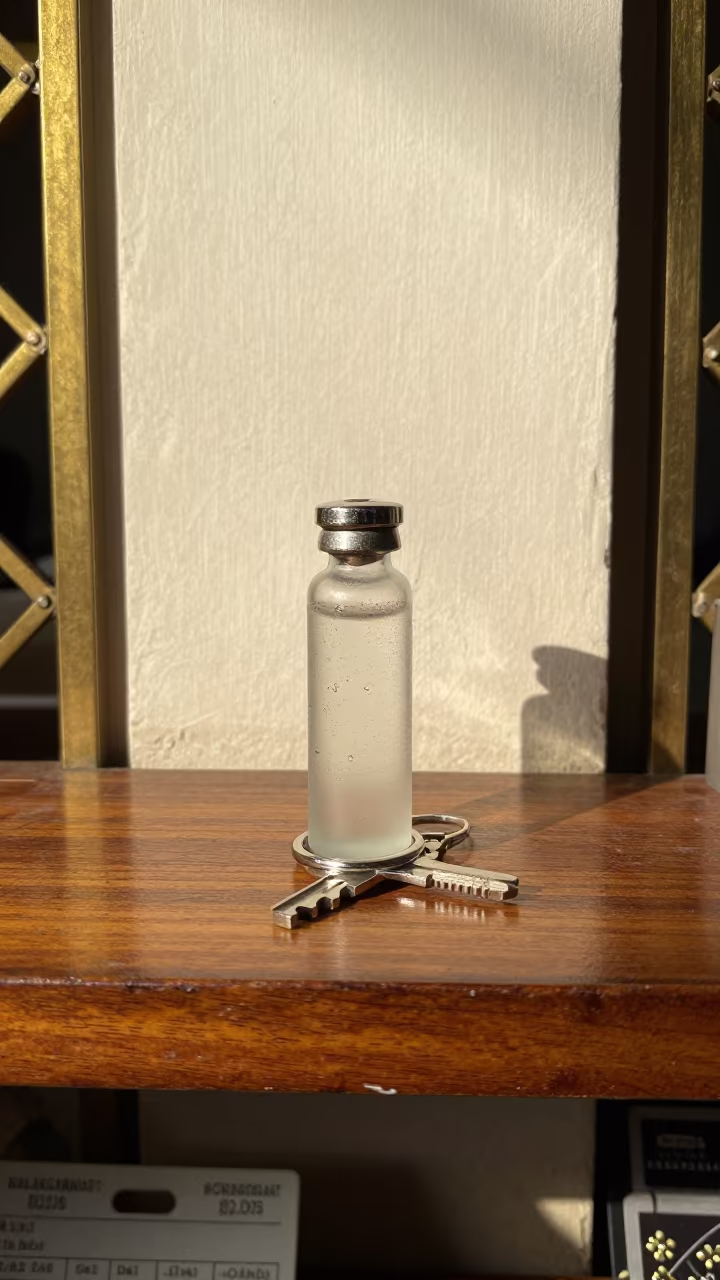 Fragrance Tester Key Ring on Delhi Bazaar Counter in at a jewelry counter inside a covered bazaar in Delhi
