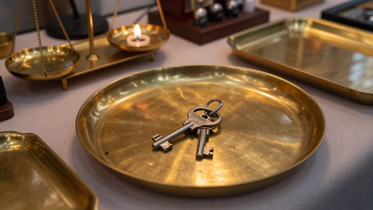 Fragrance Tester Key Ring in Minsk Stall in inside a jeweler's stall with brass scales and trays near Minsk