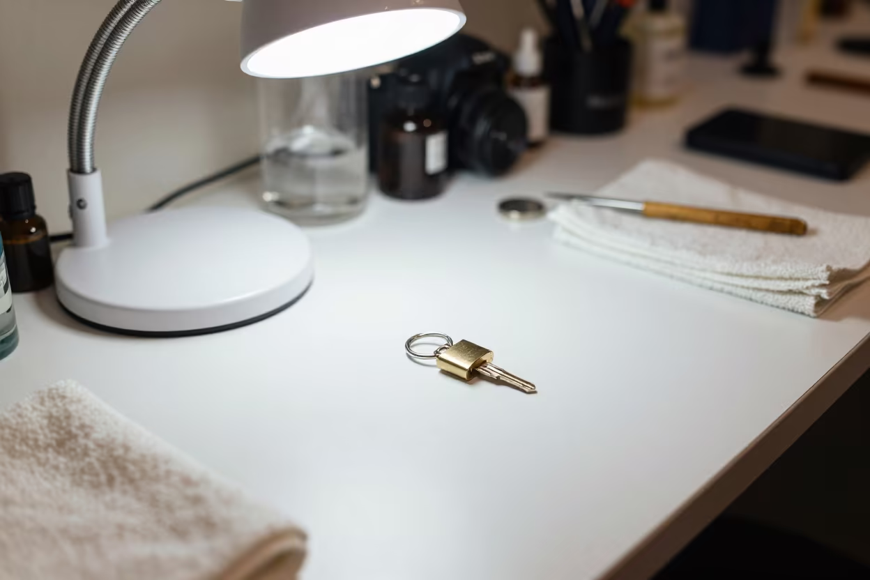 Fragrance Tester Key Ring on Workshop Counter in inside a goldsmith workshop behind the market lane in Norwich