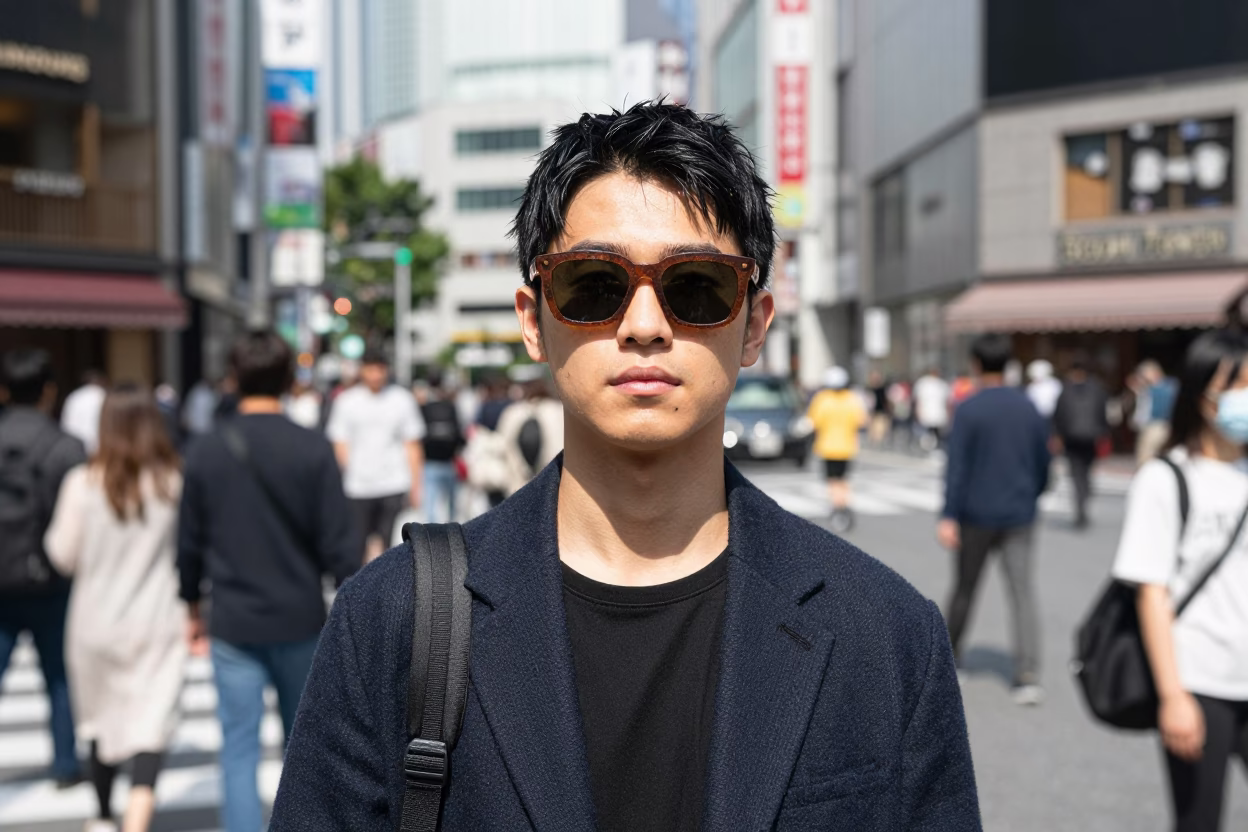 Frame Glasses in Fukuoka at The Flat Glare Of Noon Light in in Fukuoka, Japan