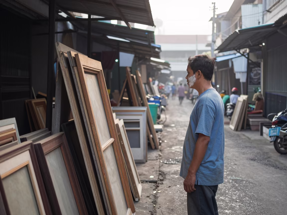 Framer with Paint on Cheek in Semarang Dawn Lane in along a market lane in Semarang