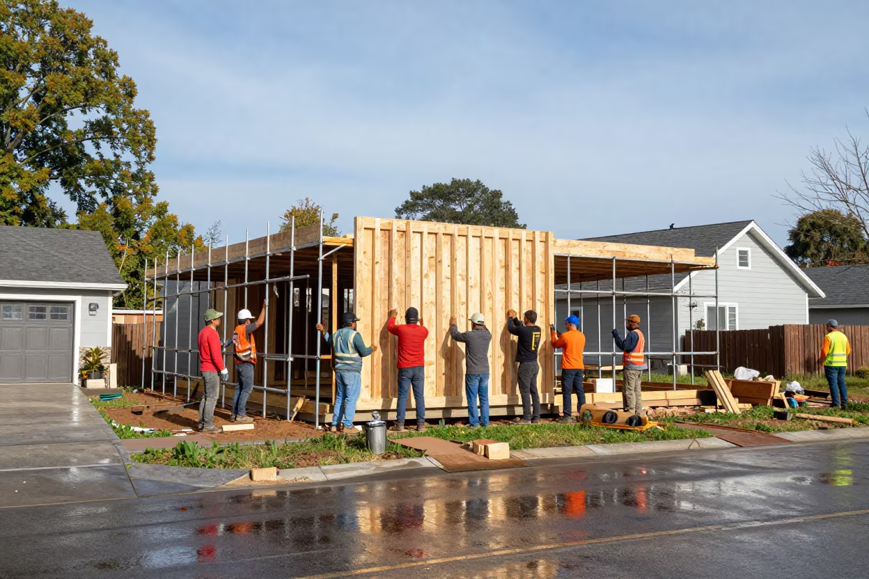 Framing Crew Lifts Wall Sections on Barinas Lot in along a scaffolded facade near Barinas
