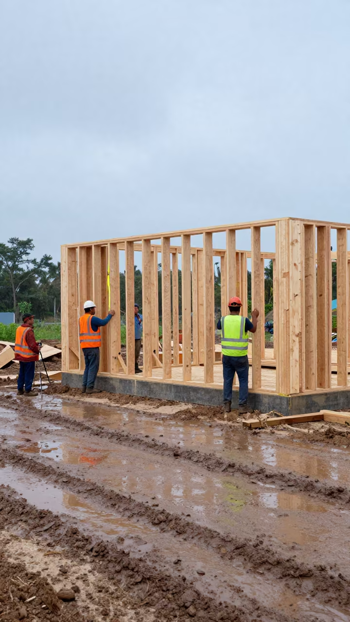 Framing Crew Lifts Wall Sections Dania Construction in at a muddy site access road in Dania