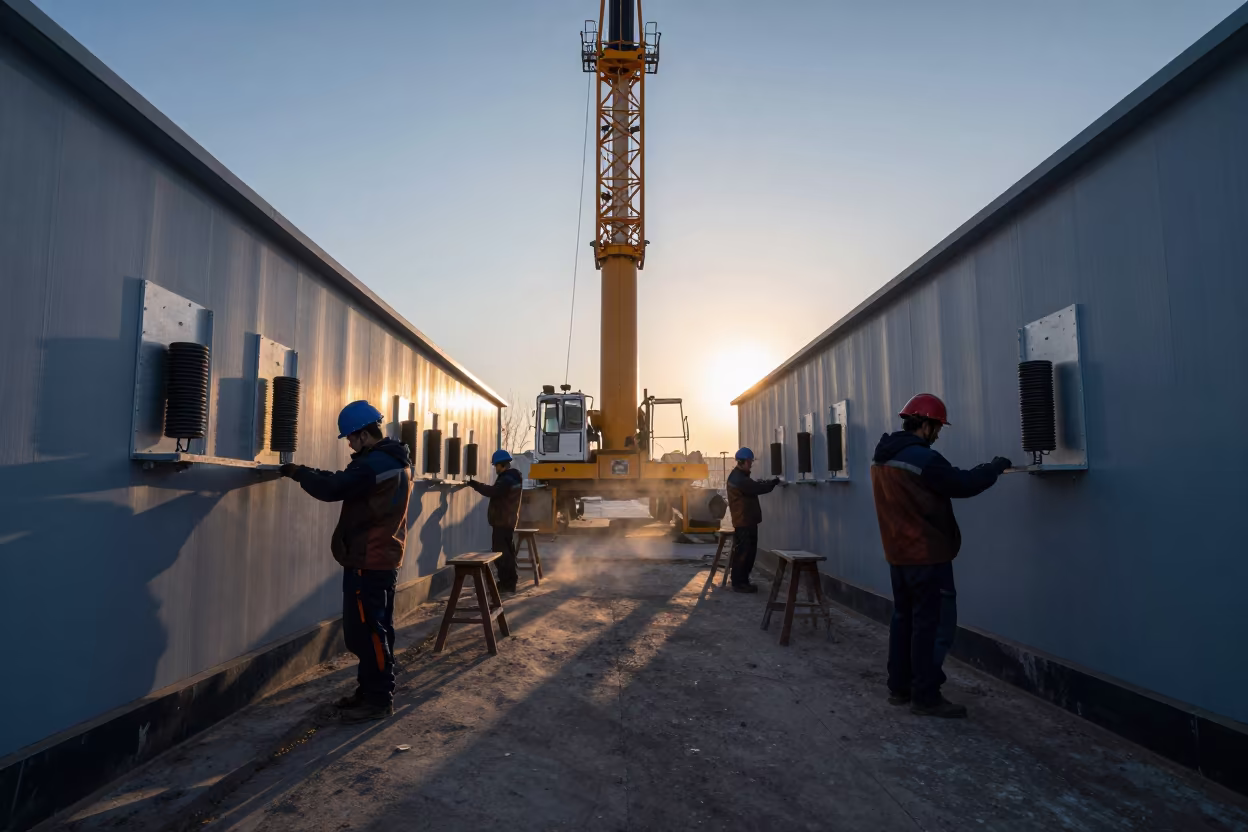 Framing Crew Station at Dawn in Hebei in beneath a tower crane on open ground in Hebei