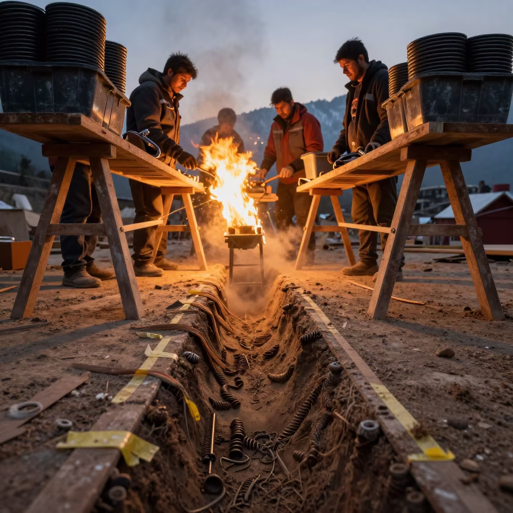 Framing crew station in Himachal winter light in inside a taped-off excavation edge in Himachal Pradesh