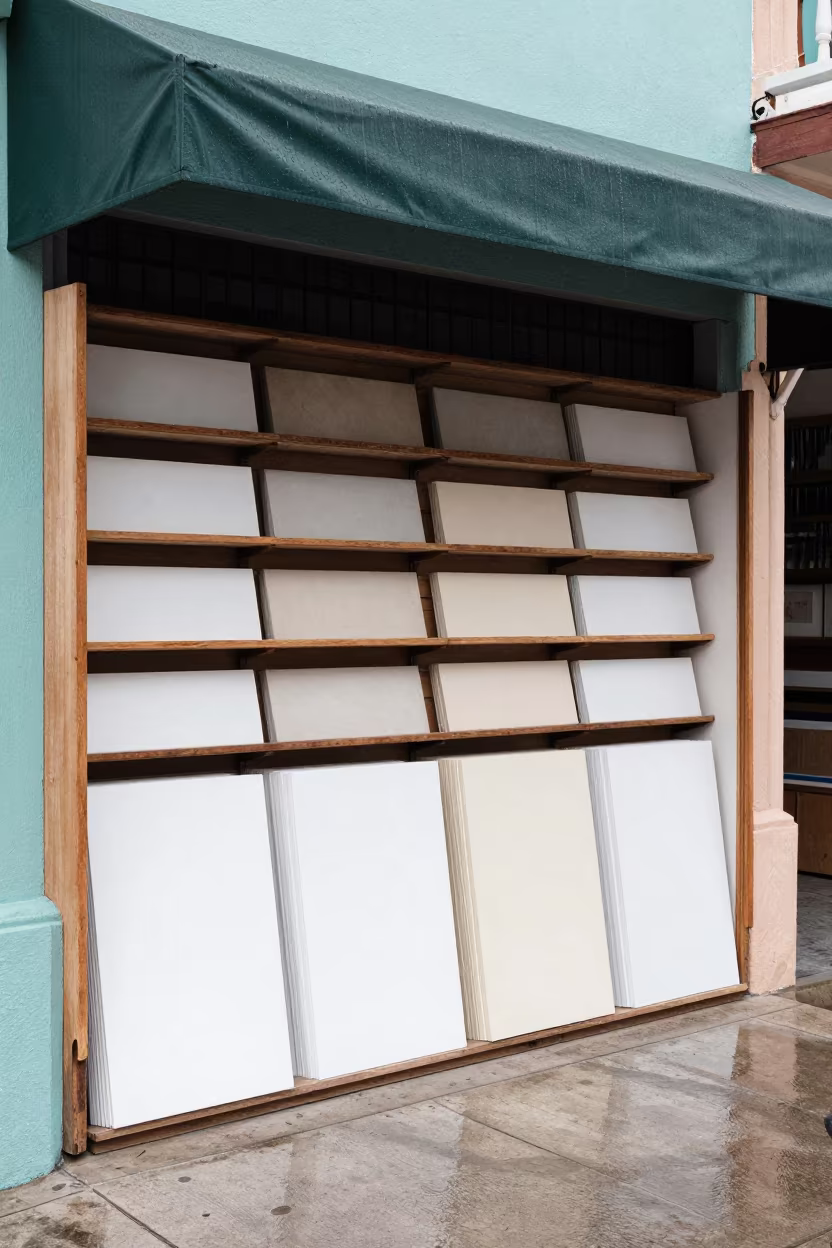 Framing Mat Corner Rack in Bayamo Morning Light in beneath a shop awning at blue hour near Bayamo