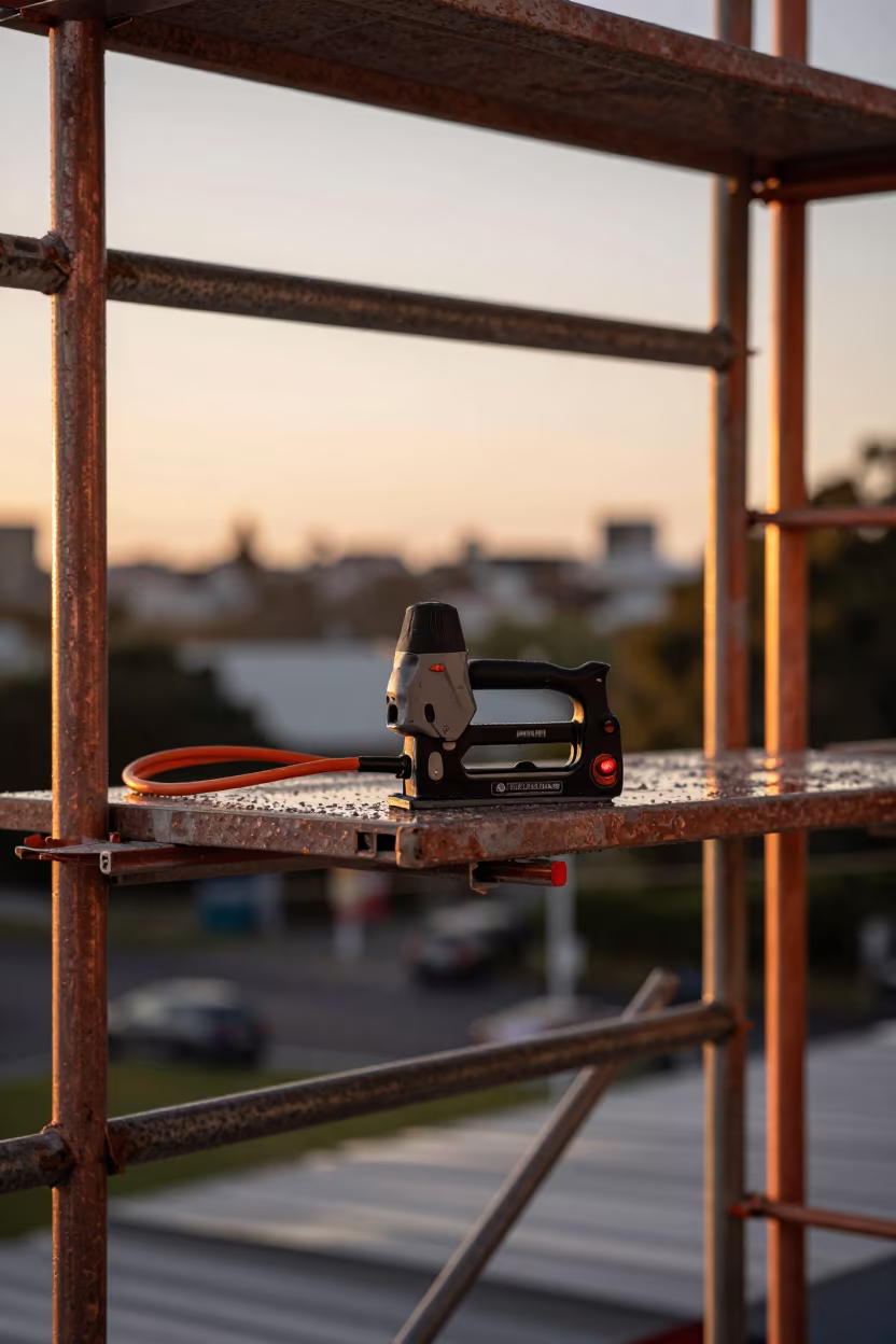 Framing Nailer Charging Shelf After Rain in along a scaffolded facade near Karangahape Road, Auckland