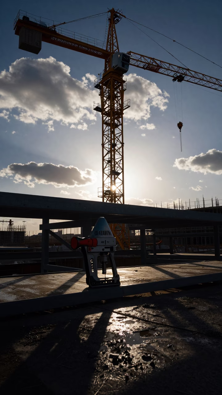 Framing Nailer Shelf Under Crane in Xinjiang in beneath a tower crane on open ground in Xinjiang