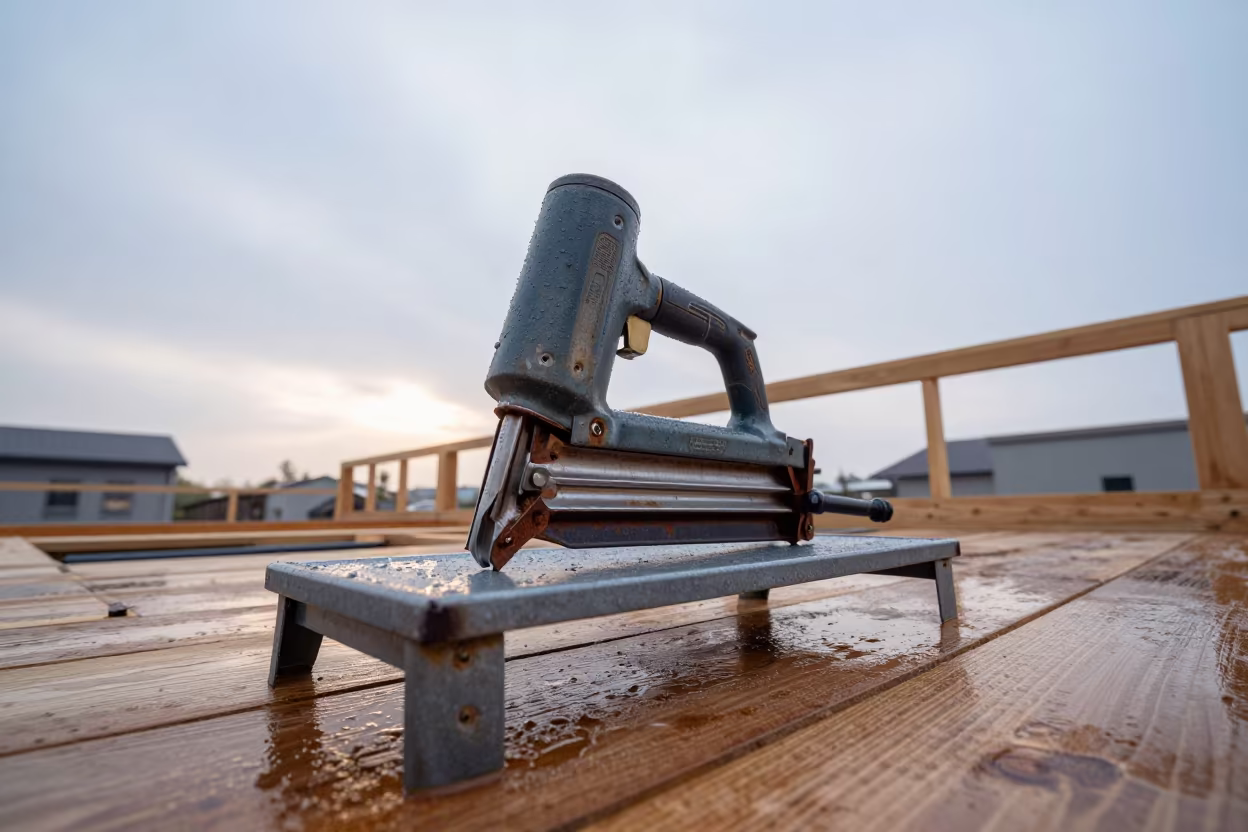 Framing Nailer on Wet Deck at Dawn in on an active construction deck near Okayama