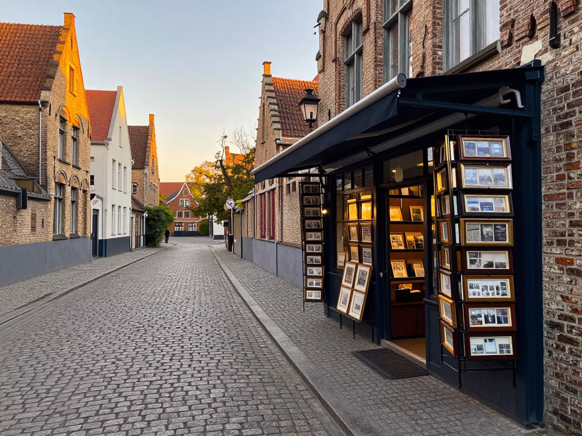 Framing Rack at Blue Hour Bruges in beneath a shop awning at blue hour in Beguinage, Bruges
