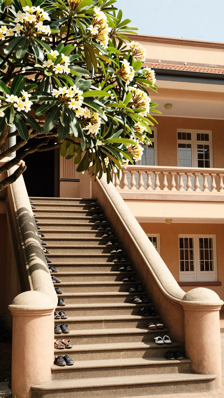 Frangipani Bloom and School Staircase in Bright Midmorning Durban South Africa in in Durban, South Africa