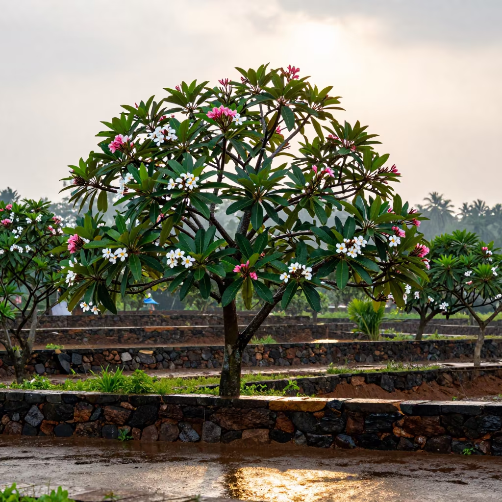 Frangipani Bloom in Kerala Terraced Garden in among terraced garden plots in Kerala