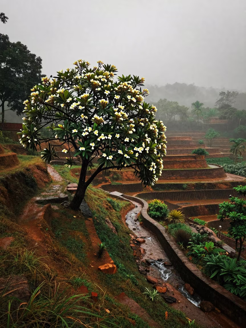 Frangipani Bloom Uphill Water Tamil Nadu Dawn in among terraced garden plots in Tamil Nadu
