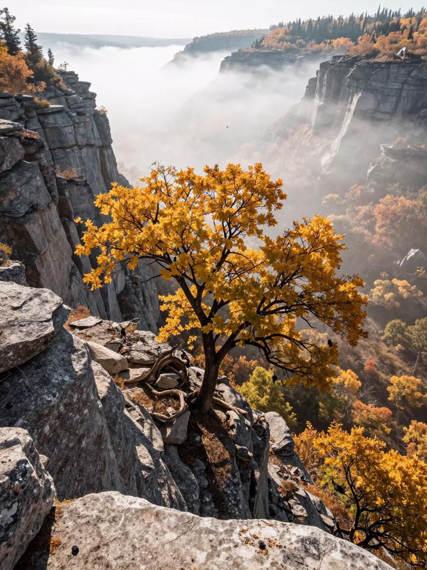 Frankincense Tree on Limestone Cliff in Misty Valley in across a wide valley floor in Canada