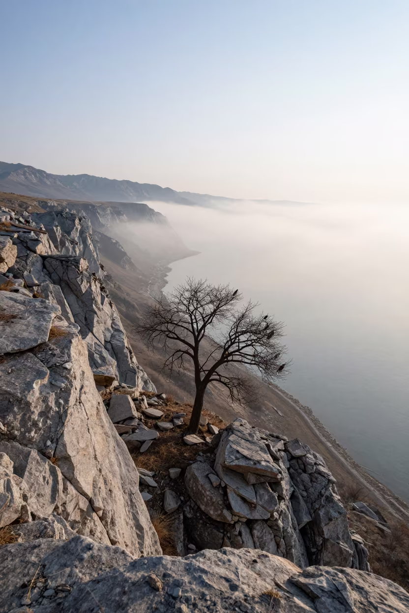 Frankincense Tree on Limestone Cliff Shoreline in along a wave-cut shoreline near Bishkek