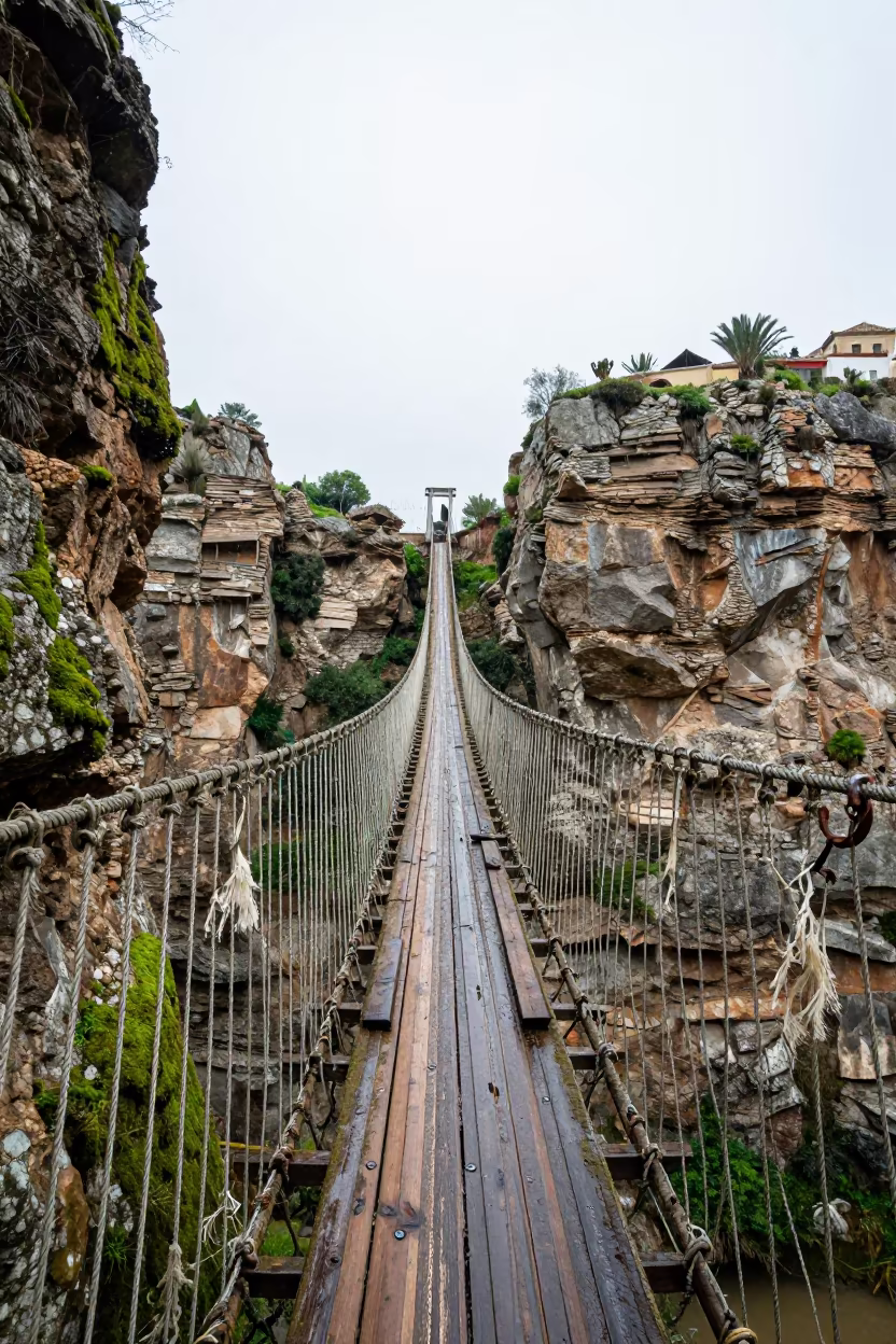 Frayed Rope Bridge Over Gorge in Malaga Nave in inside a roofless nave near Malaga