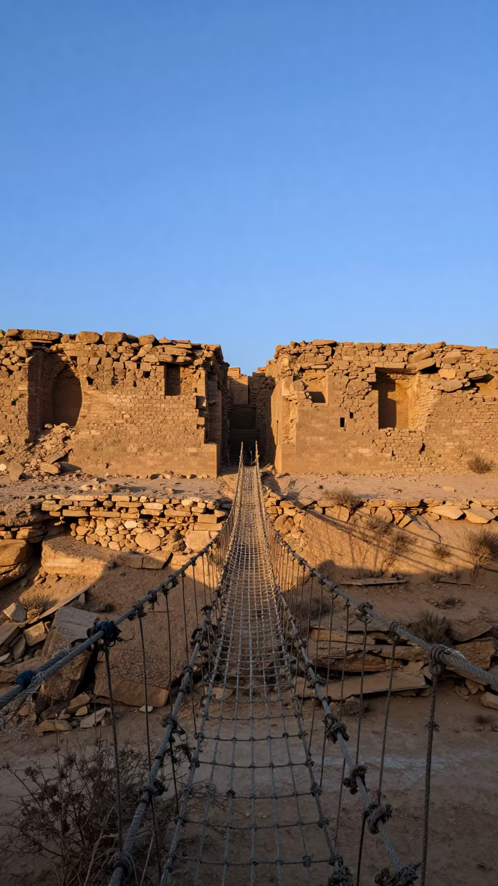 Frayed Rope Bridge Over Gorge Among Sudanese Ruins in among collapsed cloisters in Sudan