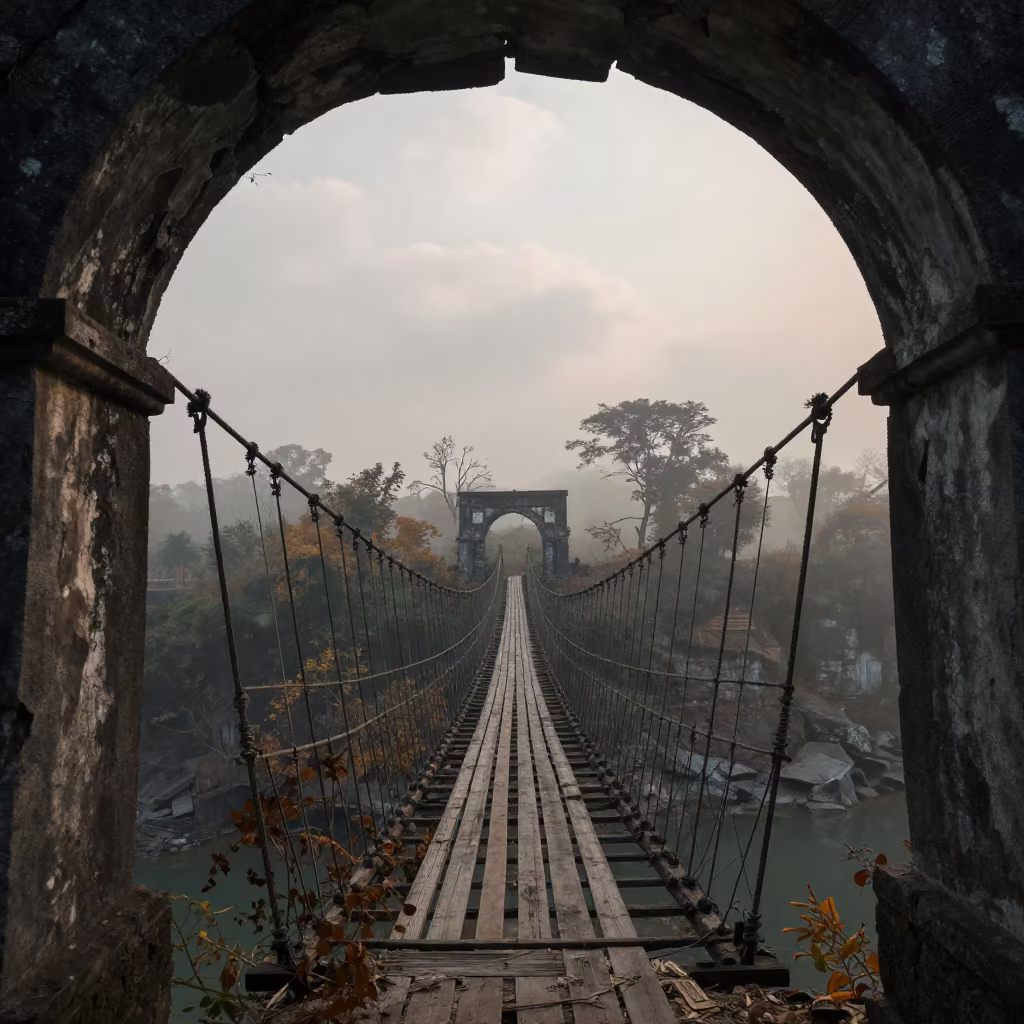 Frayed Rope Bridge Over Gorge in Assam Ruins in among collapsed cloisters in Assam