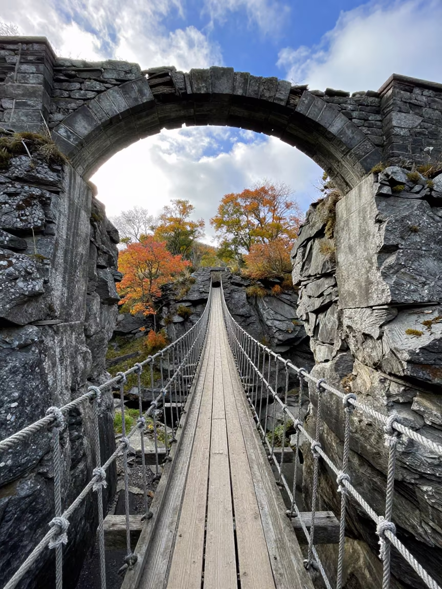 Frayed Rope Bridge Over Gorge Near Cardiff in beneath a broken stone arch near Cardiff