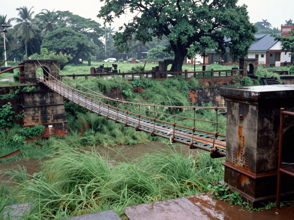 Frayed Rope Bridge Over Gorge in Rainy Kolkata Courtyard in through a courtyard reclaimed by grasses near Esplanade, Kolkata